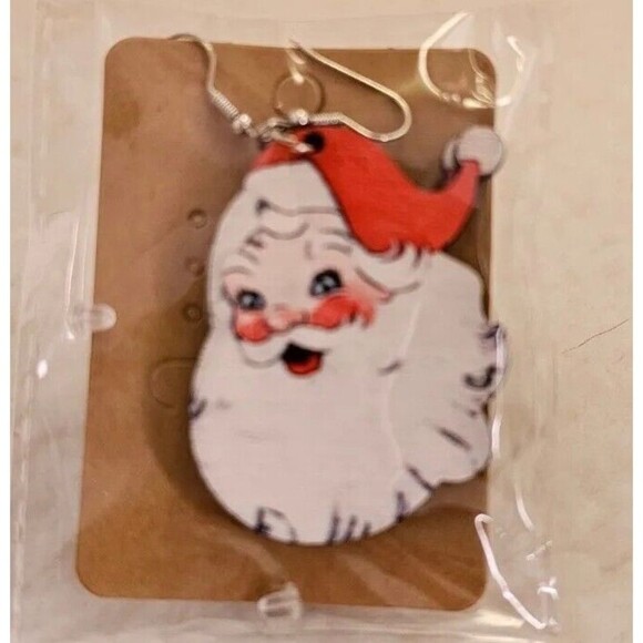 Wood Print Merry Christmas Trees Leopard Snowman Santa Claus Earrings 9 Pair - Picture 5 of 9